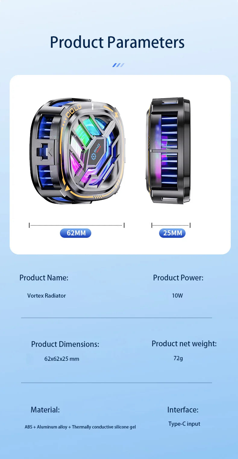 Magnetic Cell Phone Cooler RGB Phone Cooling Fan Portable Lightweight Phone Radiator with Temperature Display for Mobile Gaming