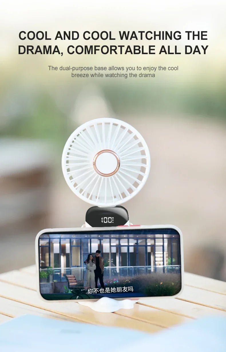 Handheld Mini Fan Foldable Portable Neck Hanging Fans 5 Speed USB Rechargeable Fan with Phone Stand and Display Screen 1800mAh